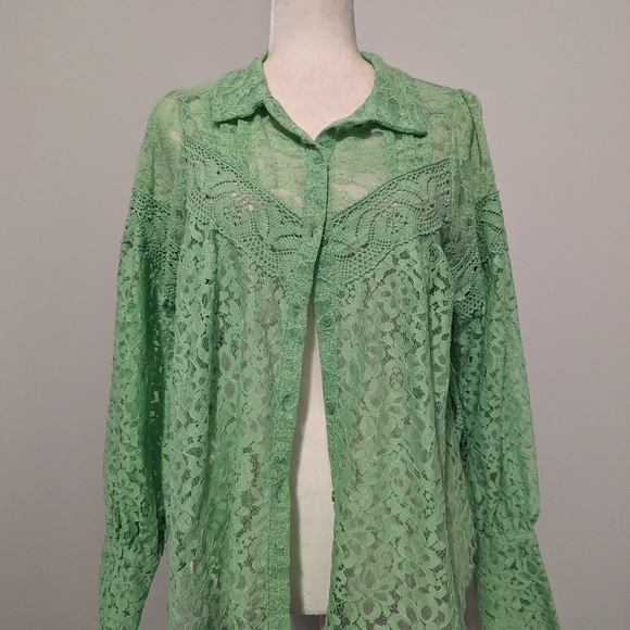 Free People Top Melona Green Out West Lace Button Up Blouse Size XS NWT Oversize - Picture 7 of 16